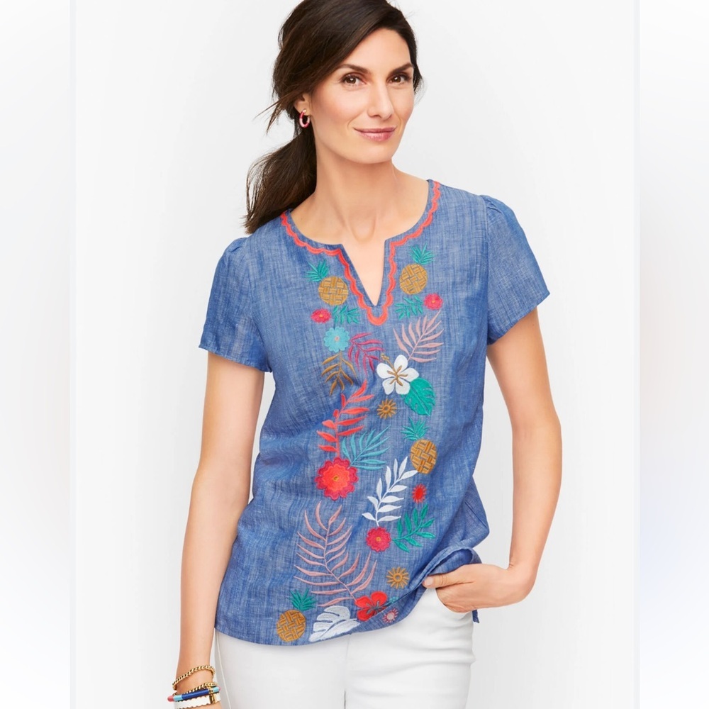 TALBOTS L Split Neck Vibrant Floral Embroidered Linen Blend Blouse Top boho